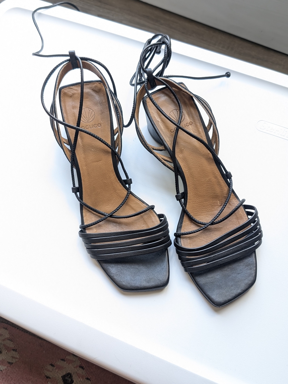 COCLICO Black Lace-Up Strappy Block Heel Sandals
